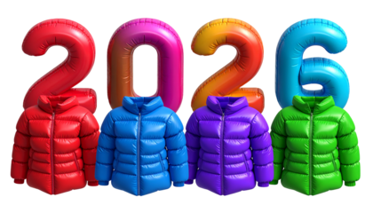 Colorful puffy jackets lined up beneath vibrant, floating year-shaped balloons