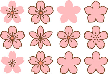 Soft pink sakura cherry blossom vector set with abstract floral icons and geometric silhouettes. Japanese spring flower illustration for seasonal decor.