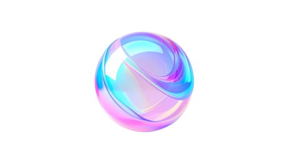 Iridescent sphere floating on black, swirling colors and refraction effects