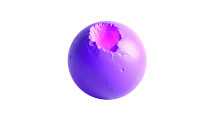 A purple sphere with a crater, bright pink interior against black
