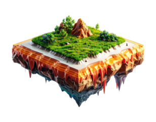 Cross-section of a fantasy island with layered terrain & lava