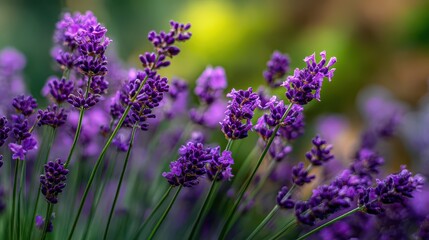Obraz premium Lavender plants bloom in a garden with various shades of purple under natural sunlight during the summer season