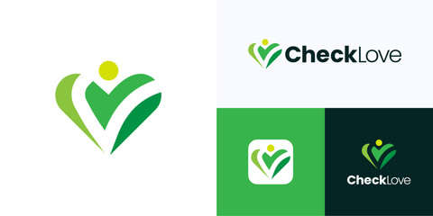 Creative love check integrated with people sign, Logo icon design vector illustration, Modern symbol human heart combination with verify mark in green color logotype for brand identity business