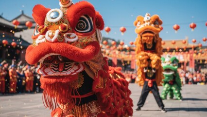 Fototapeta premium Vibrant Chinese New Year Lion Dance Celebration