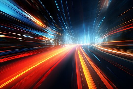 Futuristic digital city scene with glowing light trails and curved motion blur in vivid red, orange, and blue tones - Powered by Adobe