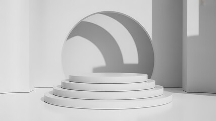 Minimalist white stepped podium with arched opening and soft shadow casting, clean studio display for product presentation and advertising concepts