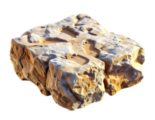 A weathered, sunlit stone block with footprint depressions, isolated