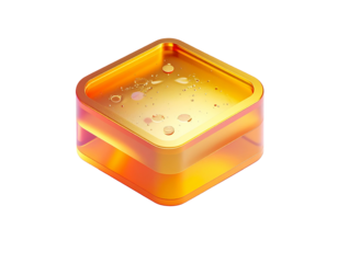 Rendered, translucent cube filled with golden liquid and tiny bubbles