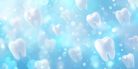 Soft light blue dental health background with floating teeth. An abstract, light and airy with soft blue gradient and bokeh effect. For dental clinic advertisements, dentistry oral hygiene products.