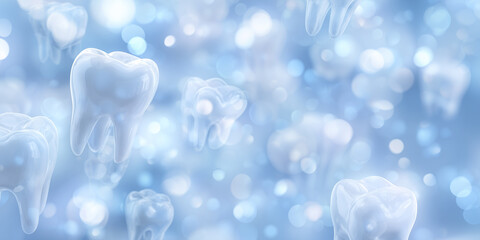 Soft blue dental health background with floating teeth. An abstract, light and airy with soft blue gradient and bokeh effect. For dental clinic advertisements, dentistry oral hygiene products.