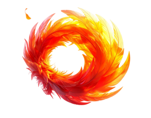 Fiery, circular plumage with varying shades of red and gold