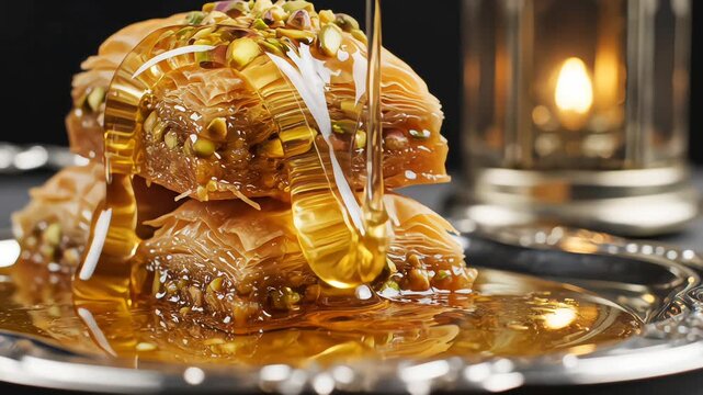 Traditional pistachio baklava with slow honey drips on a luxury silver tray. Celebratory Ramadhan atmosphere with soft internal lighting and Fanous lantern bokeh in 4K