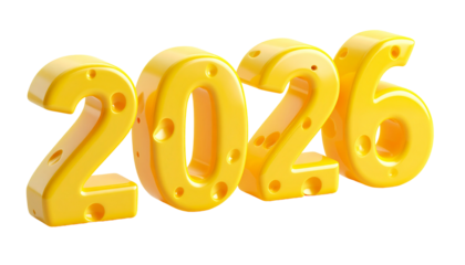 3D rendered yellow cheese-like numbers, "2026," against black