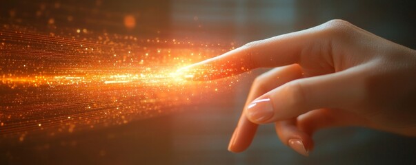 Womans finger touching a cloud service hologram, symbolizing data transfer and synchronization in digital systems, Generative AI