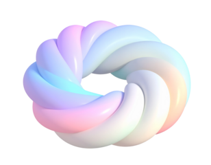 3D-rendered, twisted, pastel-colored torus shape on a black background