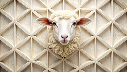 幾何学パターンに囲まれた羊の立体アート