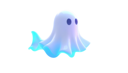 A cute, 3D rendered cartoon ghost with a glossy finish on a black background