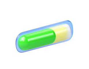 A green and yellow capsule, in a blue transparent shell, floats in black