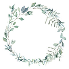 Christmas wreath. Watercolor frame with  eucalyptus  branches on white background. Hand drawn illustration