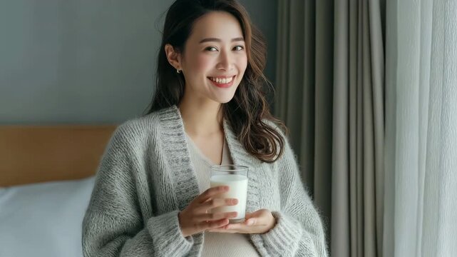 For prenatal wellness, an attractive Asian pregnant woman drinks a glass of milk.