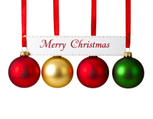 Festive red, green, and gold christmas ornaments with bokeh background, banner