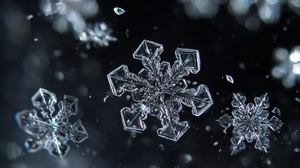 Snowflakes fall softly in a dark background, showcasing unique designs and ice structures during a winter moment