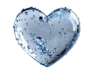3D render of a floating transparent heart filled with water droplets,white background