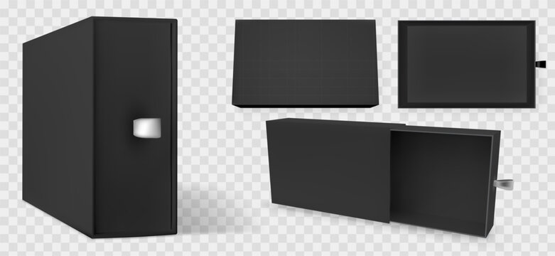 Black slide drawer box with mockup square gift sleeve in luxury packaging. 3d cardboard case with realistic open top view for corporate presentation. Vector isolated template for jewelry product