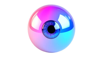 Rendered, glossy human eye with brilliant pink, blue, and purple hues