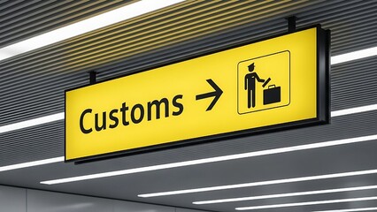 customs declare for import and export concept Modern airport wayfinding signage featuring the word "Customs," a directional arrow, and a graphic icon representing a baggage inspection.
