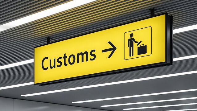 customs declare for import and export concept Modern airport wayfinding signage featuring the word "Customs," a directional arrow, and a graphic icon representing a baggage inspection.