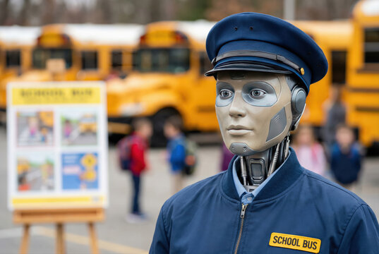 Robot conductor de autob&uacute;s escolar supervisando seguridad de estudiantes en zona de transporte