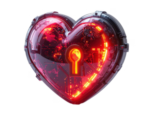 3D render of a heart-shaped digital lock with a glowing key code,white background.