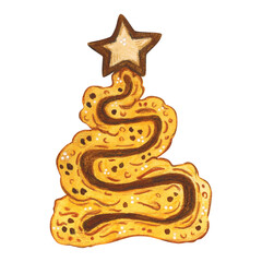 Obraz premium Christmas tree-shaped pretzel. Hand-drawn watercolor illustration in a cartoon. Design for stickers, cards, and invitations. Holiday, element, food, treat