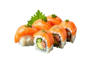 A collection of sushi rolls placed on a white surface, ideal for food and culinary-themed projects