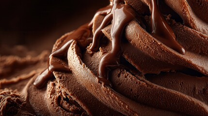 dark chocolate ice cream texture with glossy chocolate sauce drizzled over the surface