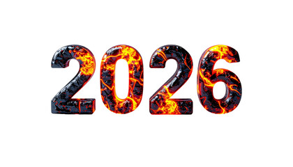 The year 2026 rendered as fiery, crackled text against black