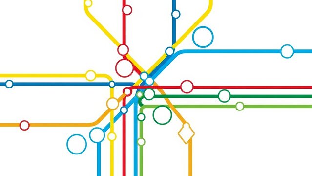 Abstract Metro Map Design with Intersecting Colorful Lines and Circles.