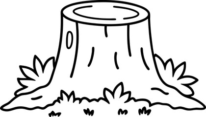 Tree stump with grass and leaves around, nature cut trunk base illustration