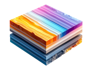Isometric view of colorful, layered earth-like structures, with reflections