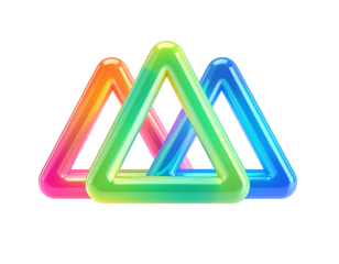 Three interconnected, glossy, colorful triangles arranged against a black background