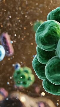 High-quality 3D render of various bacteria types, including rod-shaped bacilli and spherical cocci, moving in a murky fluid environment. Ideal for medical, scientific, or educational content regarding