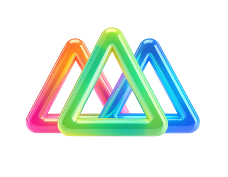 Three interconnected, glossy, colorful triangles arranged against a black background - Powered by Adobe
