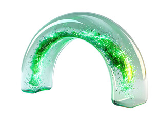 A luminous, arched form filled with swirling green particles against black