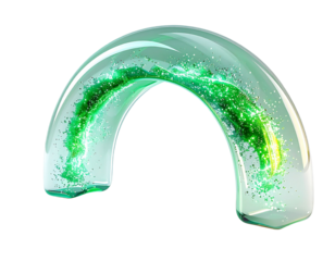 A luminous, arched form filled with swirling green particles against black