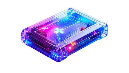 Glowing, isometric tech device with transparent casing and vibrant neon lighting