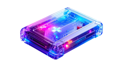 Glowing, isometric tech device with transparent casing and vibrant neon lighting