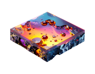 Isometric cube shows layered landscape with liquid orbs, vibrant colors