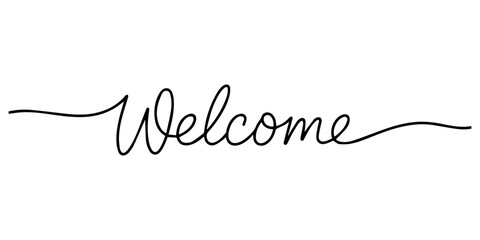 One continuous line drawing typography line art of welcome word writing isolated on white background, Welcome word - continuous one line with word. Minimalist drawing of phrase illustration. vector. © Gerish