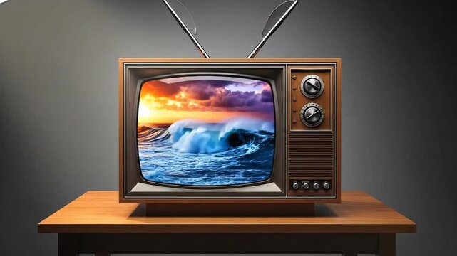 Vintage television set with a wooden frame displaying a vibrant ocean scene.